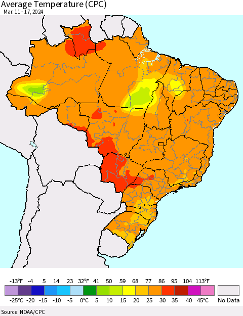 Brazil Average Temperature (CPC) Thematic Map For 3/11/2024 - 3/17/2024