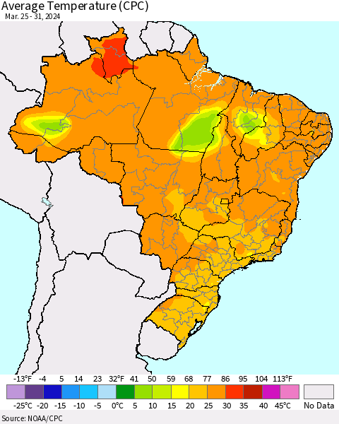 Brazil Average Temperature (CPC) Thematic Map For 3/25/2024 - 3/31/2024