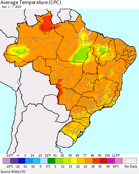 Brazil Average Temperature (CPC) Thematic Map For 4/1/2024 - 4/7/2024