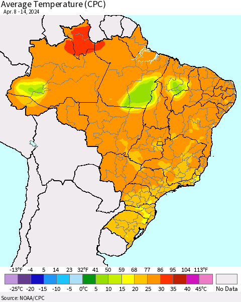 Brazil Average Temperature (CPC) Thematic Map For 4/8/2024 - 4/14/2024