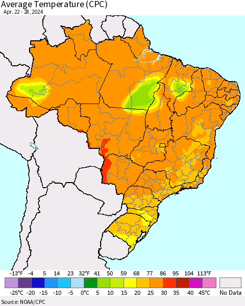 Brazil Average Temperature (CPC) Thematic Map For 4/22/2024 - 4/28/2024