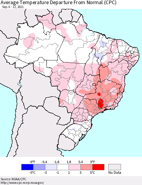 Brazil Average Temperature Departure from Normal (CPC) Thematic Map For 9/6/2021 - 9/12/2021