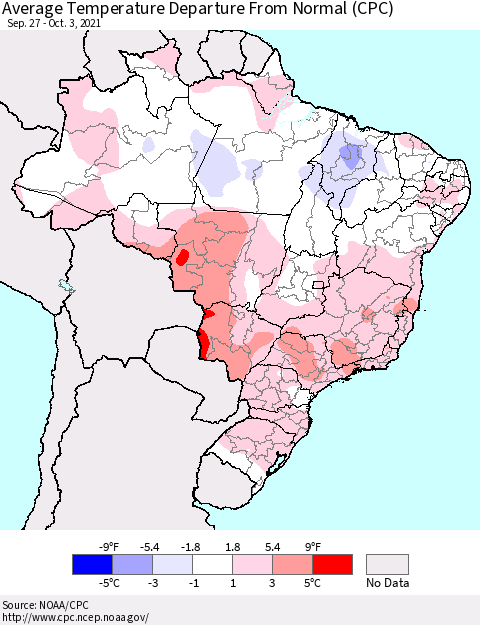 Brazil Average Temperature Departure from Normal (CPC) Thematic Map For 9/27/2021 - 10/3/2021