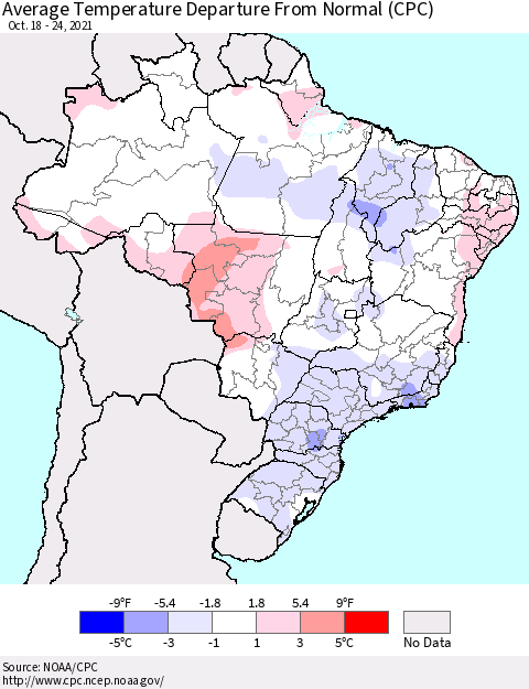 Brazil Average Temperature Departure from Normal (CPC) Thematic Map For 10/18/2021 - 10/24/2021