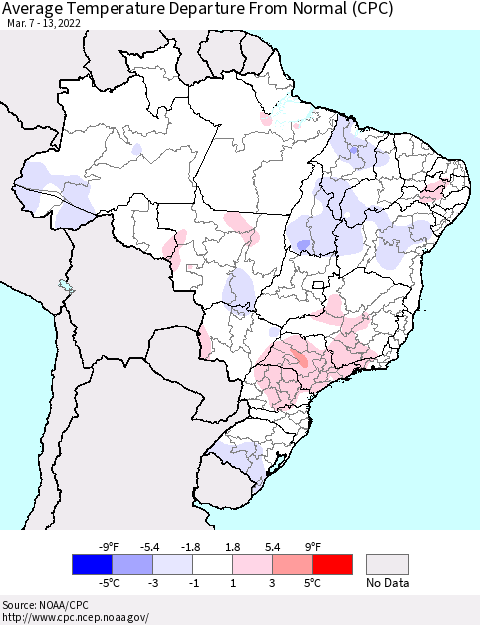Brazil Average Temperature Departure from Normal (CPC) Thematic Map For 3/7/2022 - 3/13/2022