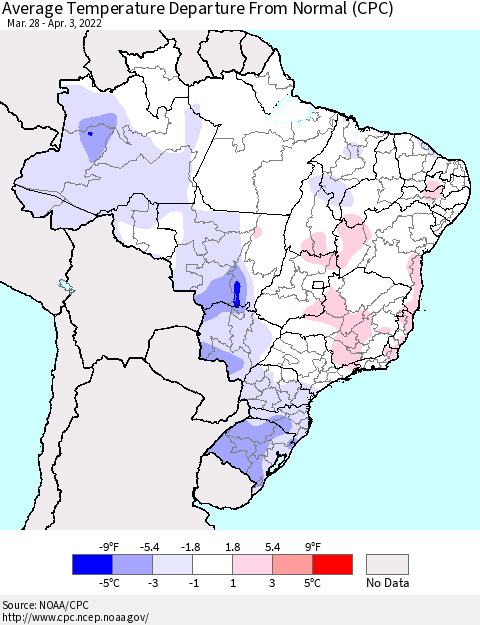 Brazil Average Temperature Departure from Normal (CPC) Thematic Map For 3/28/2022 - 4/3/2022