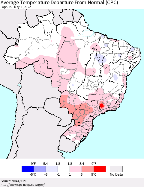 Brazil Average Temperature Departure from Normal (CPC) Thematic Map For 4/25/2022 - 5/1/2022