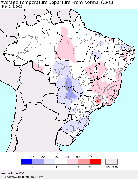 Brazil Average Temperature Departure from Normal (CPC) Thematic Map For 5/2/2022 - 5/8/2022