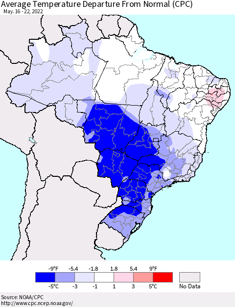 Brazil Average Temperature Departure from Normal (CPC) Thematic Map For 5/16/2022 - 5/22/2022
