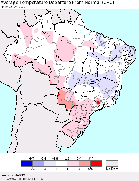Brazil Average Temperature Departure from Normal (CPC) Thematic Map For 5/23/2022 - 5/29/2022