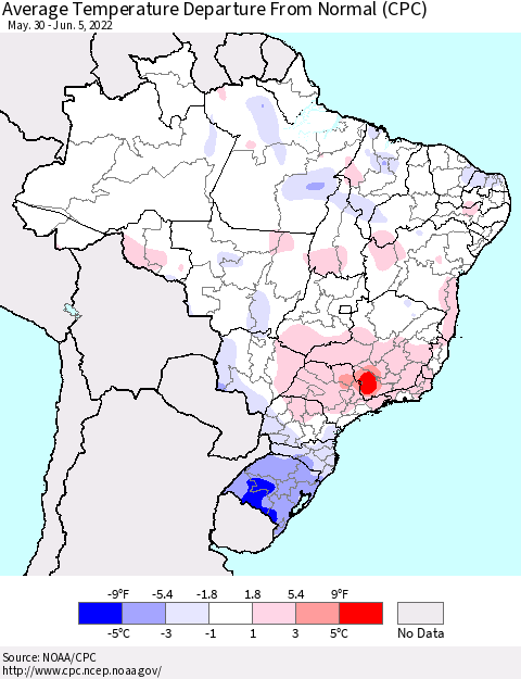 Brazil Average Temperature Departure from Normal (CPC) Thematic Map For 5/30/2022 - 6/5/2022