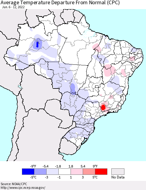 Brazil Average Temperature Departure from Normal (CPC) Thematic Map For 6/6/2022 - 6/12/2022