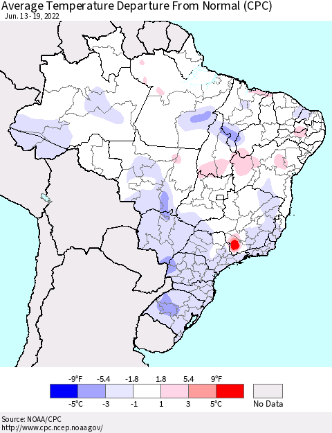 Brazil Average Temperature Departure from Normal (CPC) Thematic Map For 6/13/2022 - 6/19/2022