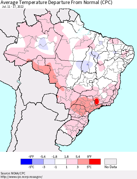 Brazil Average Temperature Departure from Normal (CPC) Thematic Map For 7/11/2022 - 7/17/2022