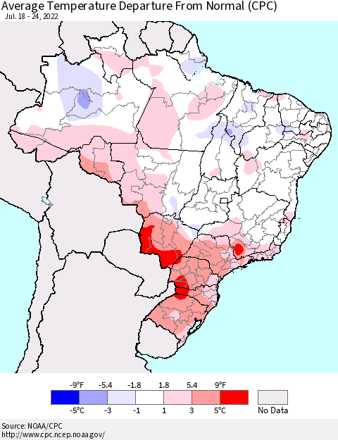 Brazil Average Temperature Departure from Normal (CPC) Thematic Map For 7/18/2022 - 7/24/2022