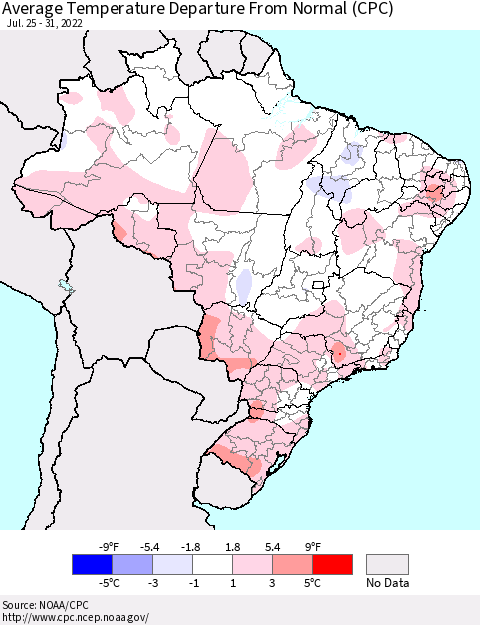 Brazil Average Temperature Departure from Normal (CPC) Thematic Map For 7/25/2022 - 7/31/2022