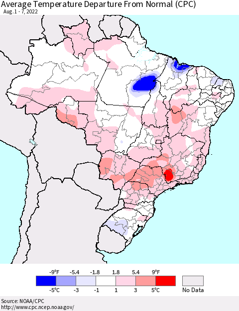 Brazil Average Temperature Departure from Normal (CPC) Thematic Map For 8/1/2022 - 8/7/2022