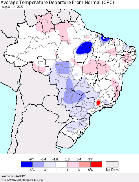 Brazil Average Temperature Departure from Normal (CPC) Thematic Map For 8/8/2022 - 8/14/2022