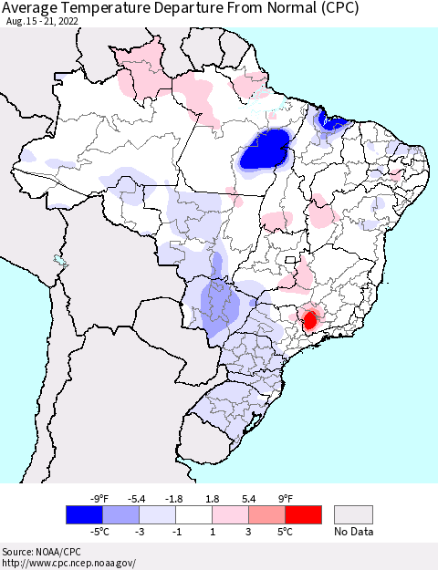 Brazil Average Temperature Departure from Normal (CPC) Thematic Map For 8/15/2022 - 8/21/2022