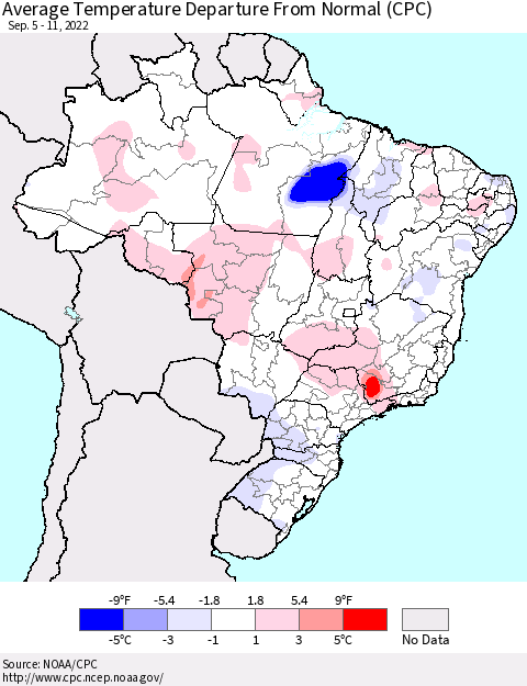 Brazil Average Temperature Departure from Normal (CPC) Thematic Map For 9/5/2022 - 9/11/2022