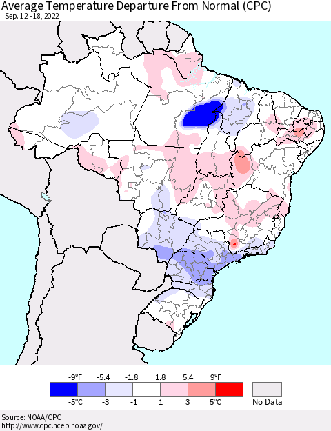 Brazil Average Temperature Departure from Normal (CPC) Thematic Map For 9/12/2022 - 9/18/2022
