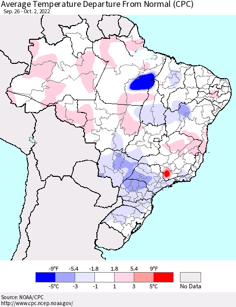 Brazil Average Temperature Departure from Normal (CPC) Thematic Map For 9/26/2022 - 10/2/2022