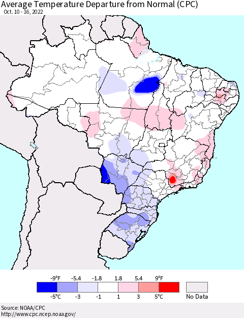 Brazil Average Temperature Departure from Normal (CPC) Thematic Map For 10/10/2022 - 10/16/2022