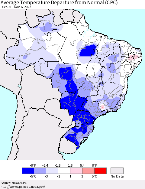 Brazil Average Temperature Departure from Normal (CPC) Thematic Map For 10/31/2022 - 11/6/2022