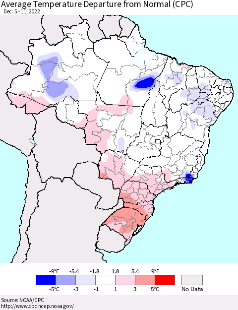 Brazil Average Temperature Departure from Normal (CPC) Thematic Map For 12/5/2022 - 12/11/2022