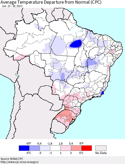 Brazil Average Temperature Departure from Normal (CPC) Thematic Map For 1/23/2023 - 1/29/2023