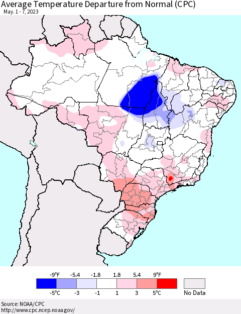 Brazil Average Temperature Departure from Normal (CPC) Thematic Map For 5/1/2023 - 5/7/2023