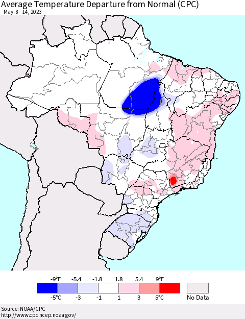 Brazil Average Temperature Departure from Normal (CPC) Thematic Map For 5/8/2023 - 5/14/2023