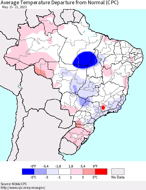 Brazil Average Temperature Departure from Normal (CPC) Thematic Map For 5/15/2023 - 5/21/2023