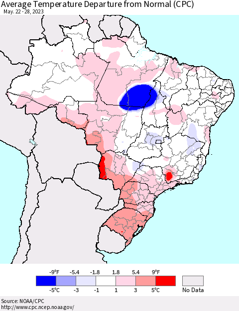 Brazil Average Temperature Departure from Normal (CPC) Thematic Map For 5/22/2023 - 5/28/2023