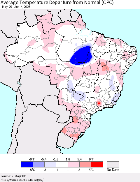 Brazil Average Temperature Departure from Normal (CPC) Thematic Map For 5/29/2023 - 6/4/2023