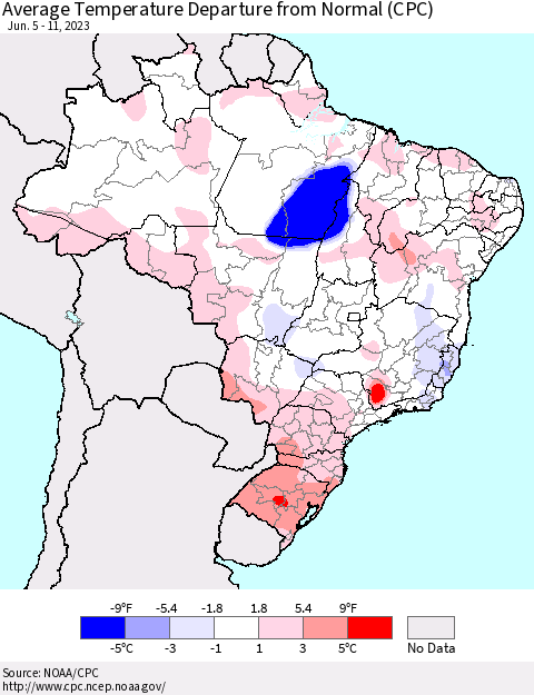 Brazil Average Temperature Departure from Normal (CPC) Thematic Map For 6/5/2023 - 6/11/2023