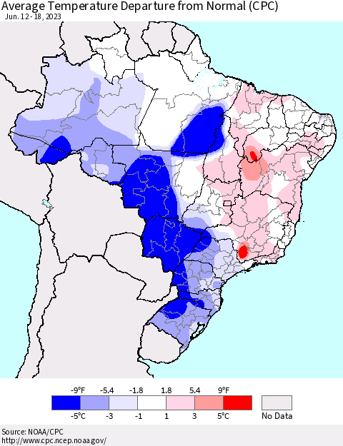 Brazil Average Temperature Departure from Normal (CPC) Thematic Map For 6/12/2023 - 6/18/2023