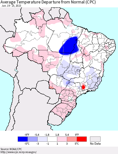 Brazil Average Temperature Departure from Normal (CPC) Thematic Map For 6/19/2023 - 6/25/2023