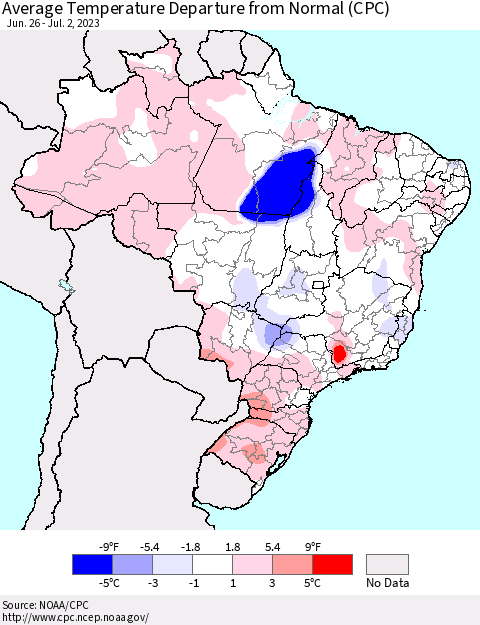 Brazil Average Temperature Departure from Normal (CPC) Thematic Map For 6/26/2023 - 7/2/2023