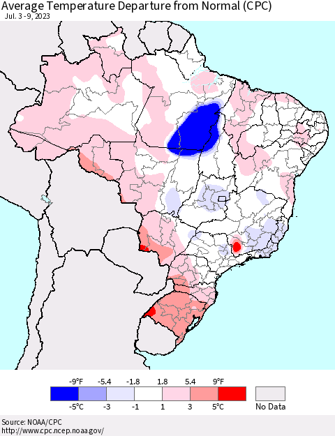 Brazil Average Temperature Departure from Normal (CPC) Thematic Map For 7/3/2023 - 7/9/2023