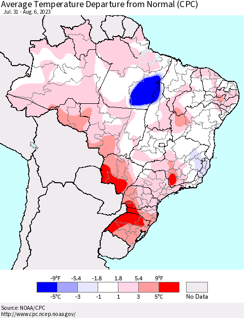 Brazil Average Temperature Departure from Normal (CPC) Thematic Map For 7/31/2023 - 8/6/2023