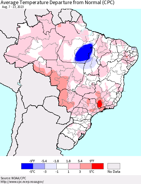 Brazil Average Temperature Departure from Normal (CPC) Thematic Map For 8/7/2023 - 8/13/2023