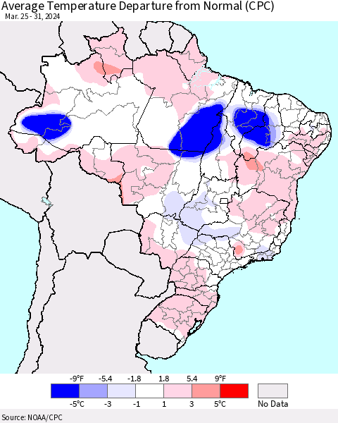 Brazil Average Temperature Departure from Normal (CPC) Thematic Map For 3/25/2024 - 3/31/2024