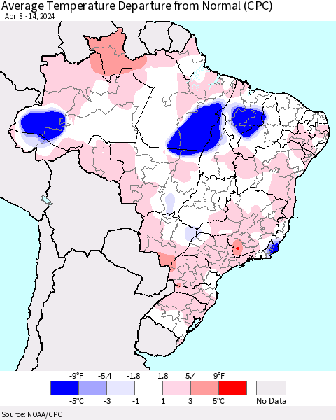 Brazil Average Temperature Departure from Normal (CPC) Thematic Map For 4/8/2024 - 4/14/2024