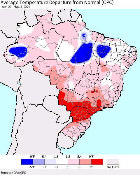 Brazil Average Temperature Departure from Normal (CPC) Thematic Map For 4/29/2024 - 5/5/2024