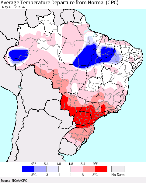 Brazil Average Temperature Departure from Normal (CPC) Thematic Map For 5/6/2024 - 5/12/2024