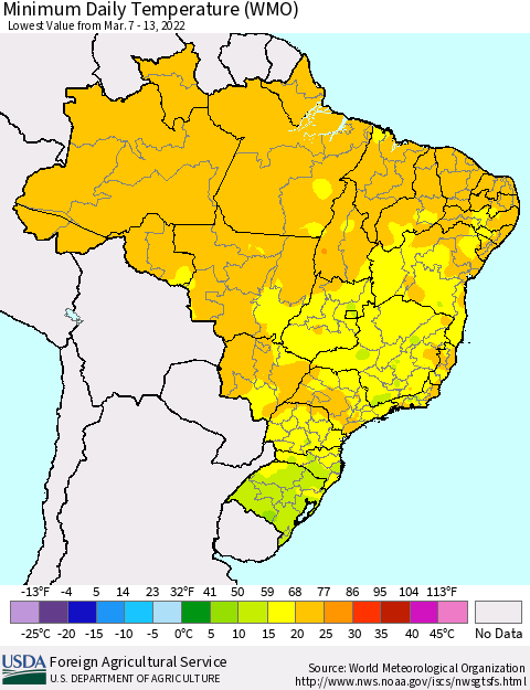 Brazil Minimum Daily Temperature (WMO) Thematic Map For 3/7/2022 - 3/13/2022