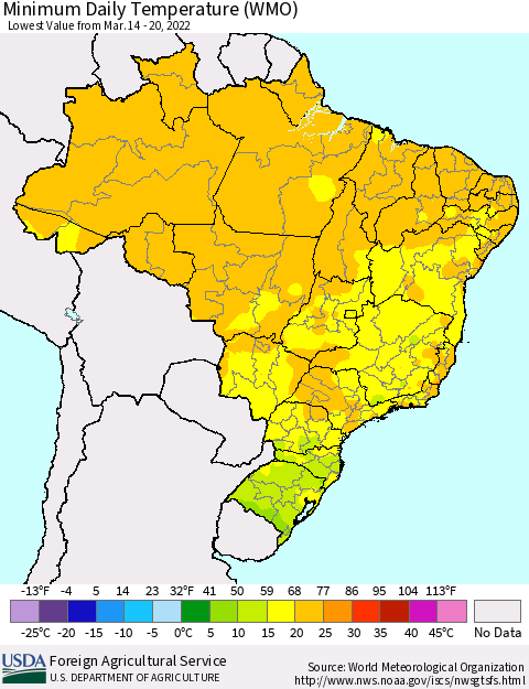 Brazil Minimum Daily Temperature (WMO) Thematic Map For 3/14/2022 - 3/20/2022
