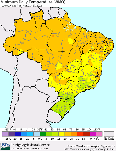 Brazil Minimum Daily Temperature (WMO) Thematic Map For 3/21/2022 - 3/27/2022