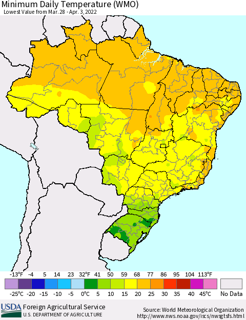 Brazil Minimum Daily Temperature (WMO) Thematic Map For 3/28/2022 - 4/3/2022